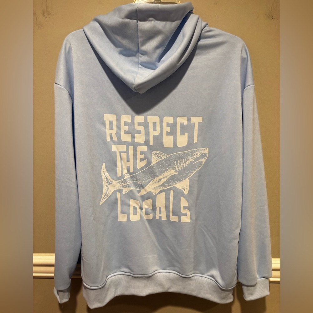 Light Blue Hoodie with Shark Graphic - Size Large NWOT